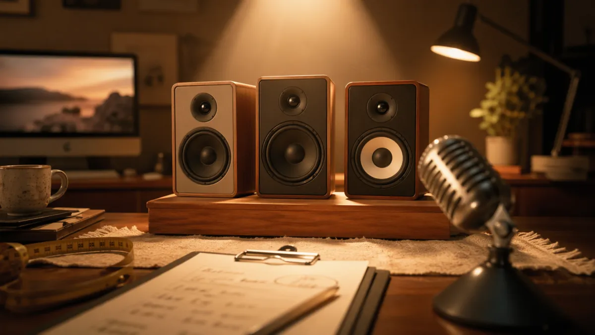 Casting of compact speakers on a desk lit by warm light