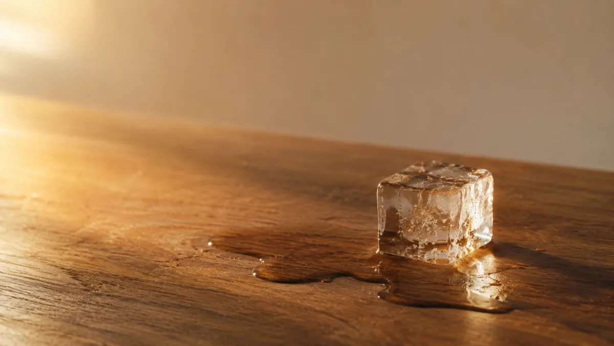 Cubo de hielo derritiéndose sobre una mesa de madera con luz ámbar, metáfora del esfuerzo que tarda en dar fruto